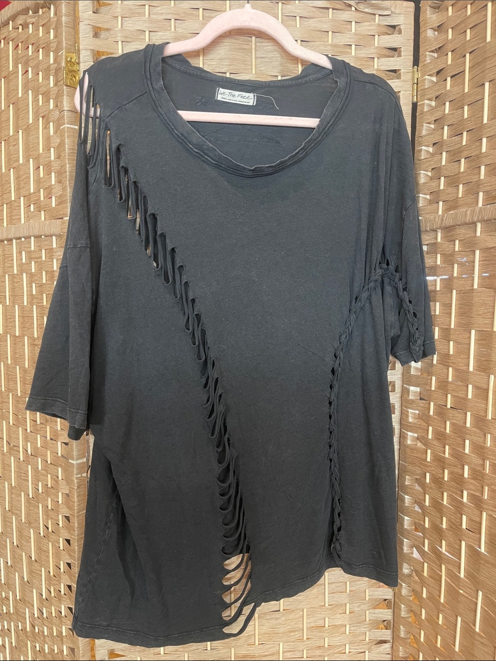 We The Free Black Short-Sleeve Distressed Slit Tee